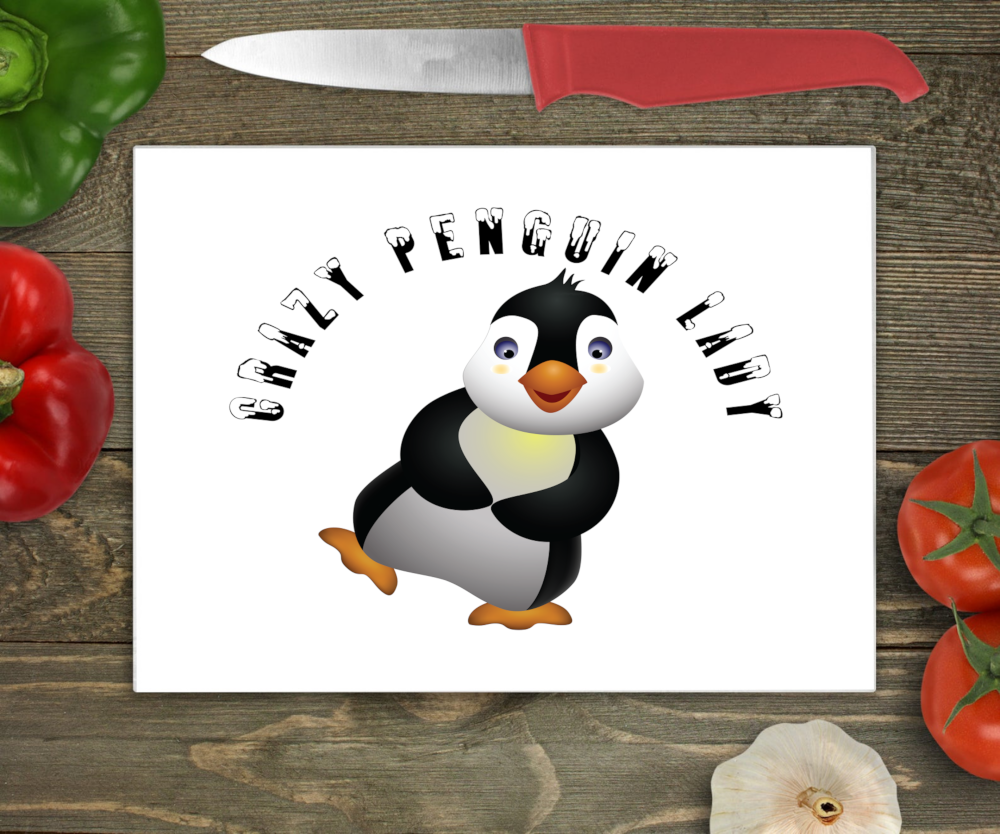 Penguin Large Glass Chopping Board - Crazy Penguin Lady - Click Image to Close